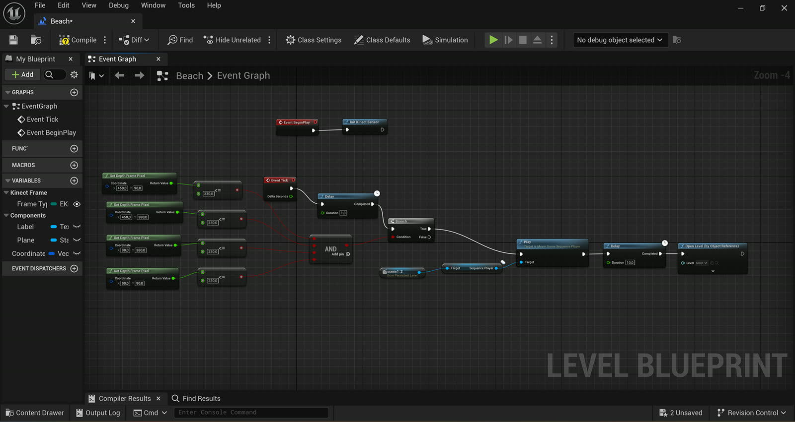 Unreal Engine level blueprint: four depth checks into an AND node that plays a cutscene