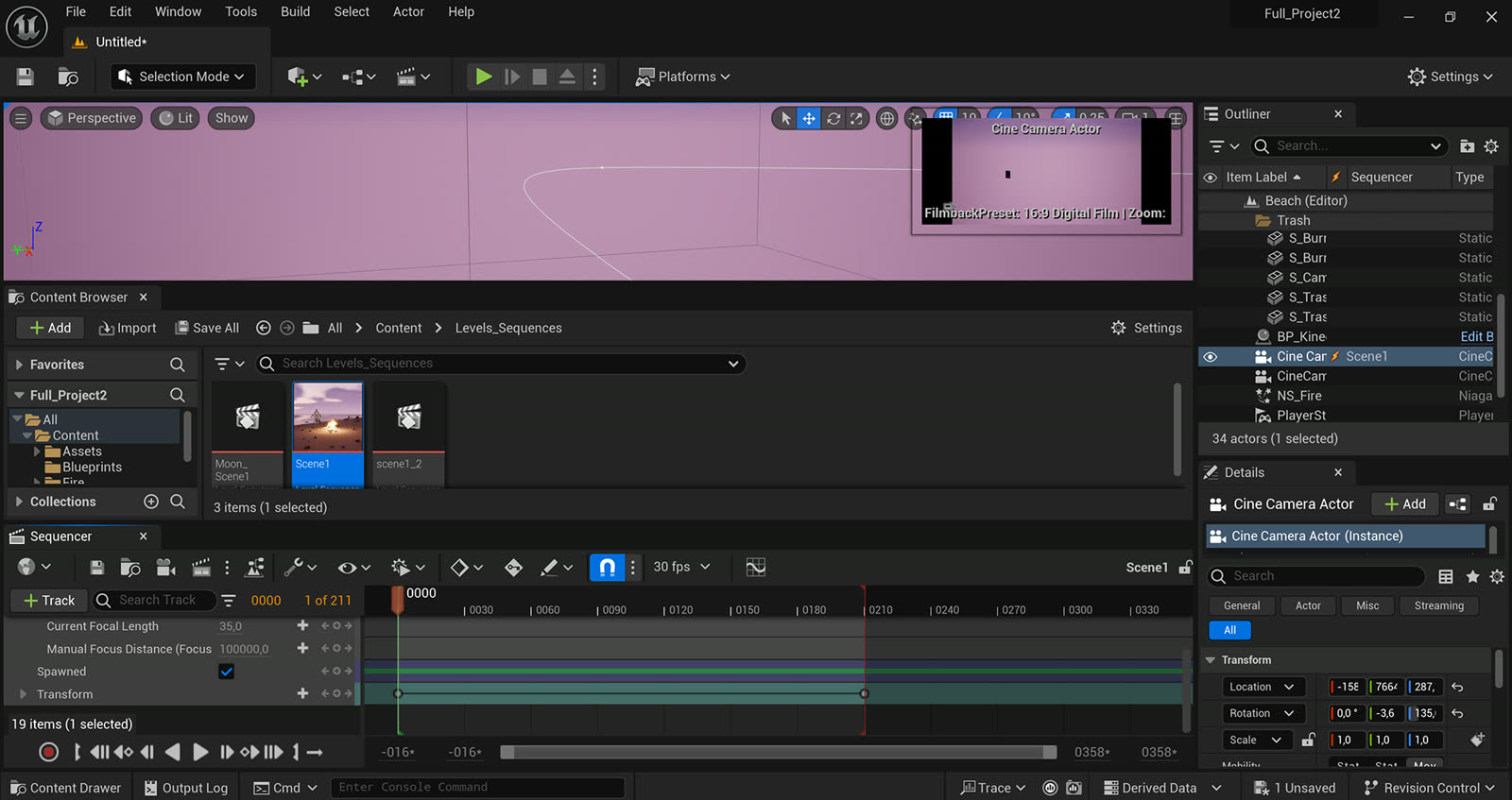 The beach scene under construction in the Unreal Engine 5 editor
