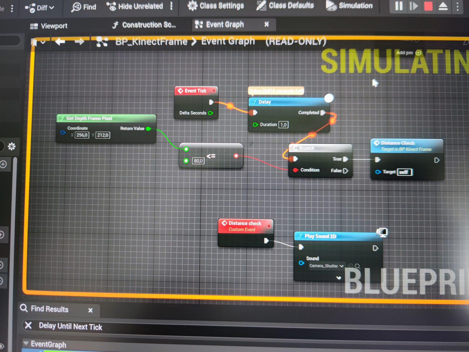 Unreal Engine blueprint reading a Kinect depth value and playing a sound
